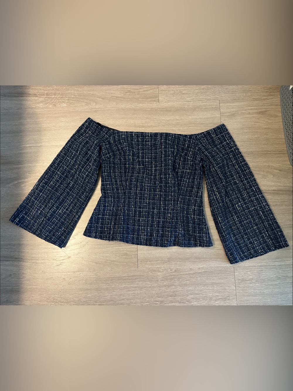 ZARA Textured Navy Tweed Cropped Shirt